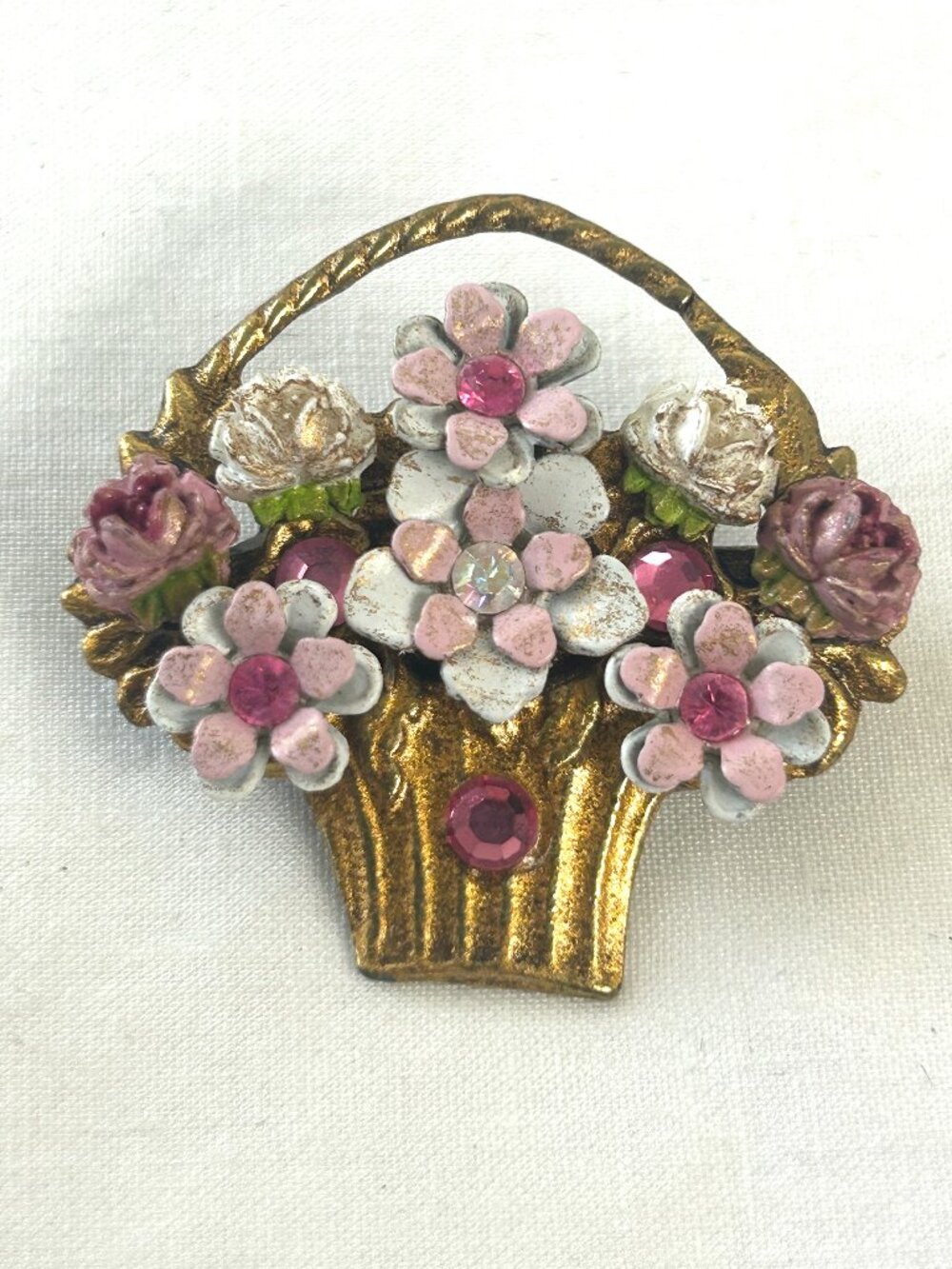 Vintage Michal Negrin Floral Brooch Pin Victorian Revival Flower Basket Pink